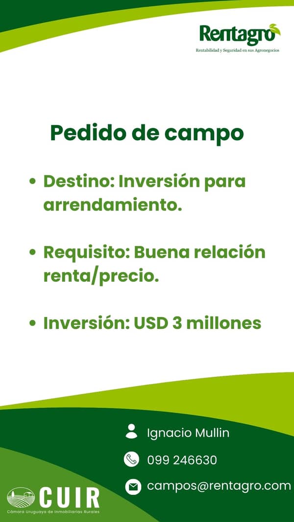 Inversión USD 3 millones equivalente hectáreas. Mixto en Flores Uruguay